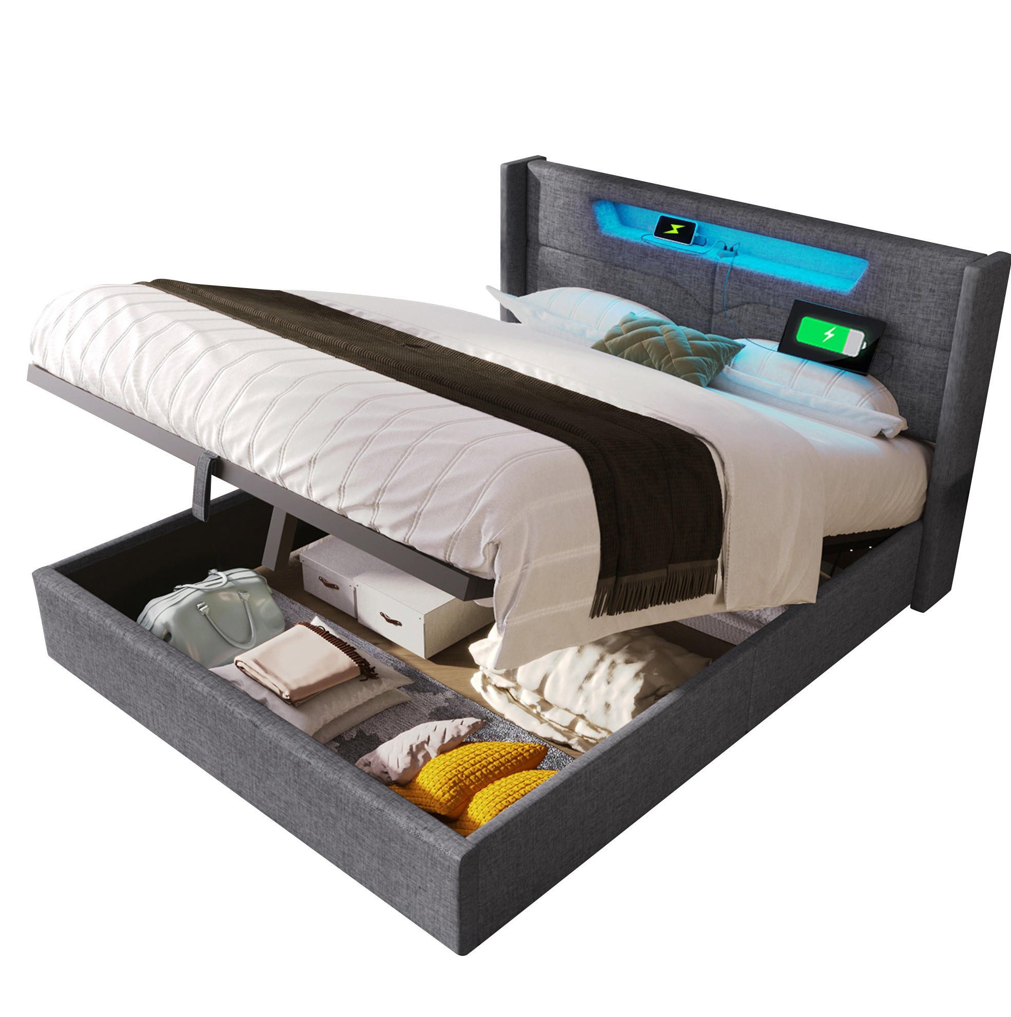 POLSTERBETT 160/200 cm Grau mit USB- und Type-C-Anschlüssen und LED-Beleuchtung Mit Matratze - Grau, Textil (160/200cm) - OKWISH