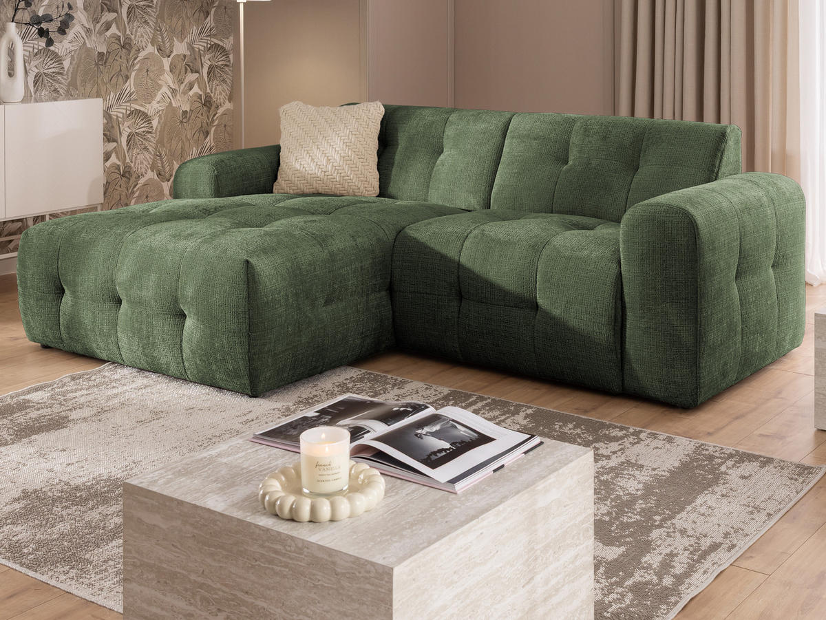 ECKSOFA Kozy im Bumpy-Design mit fester Rückenlehne aus weichem Grün Chenille-Stoff - Ottomane links - Schwarz/Grün, Holz/Kunststoff (161/234cm) - S-Style Möbel