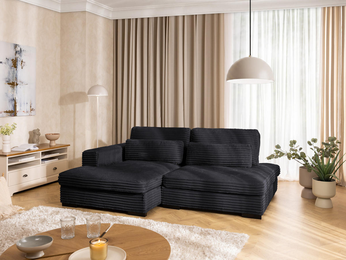 ECKSOFA Wolke mit tiefer Sitzfläche, Schlaffunktion und praktischem Bettkasten aus weichem Schwarz Cordstoff - Schwarz, Holz/Kunststoff (162/225cm) - S-Style