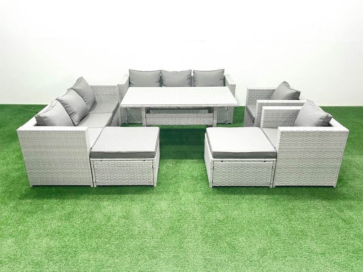 GARTENMÖBEL SET mit 3-Sitzer-Sofa und 2 Stühle, Esstisch,2 Großer Hockern Polyrattan Hellgrau 10-Sitzer - Hellgrau/Grau, Glas/Kunststoff - Fimous