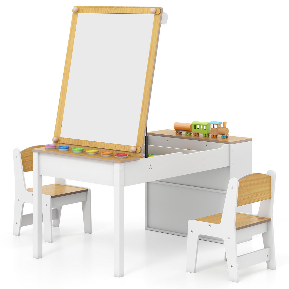 KINDERTISCH mit Stuhl natur(3-tlg) - Naturfarben, Holzwerkstoff (109/55/60cm) - COSTWAY