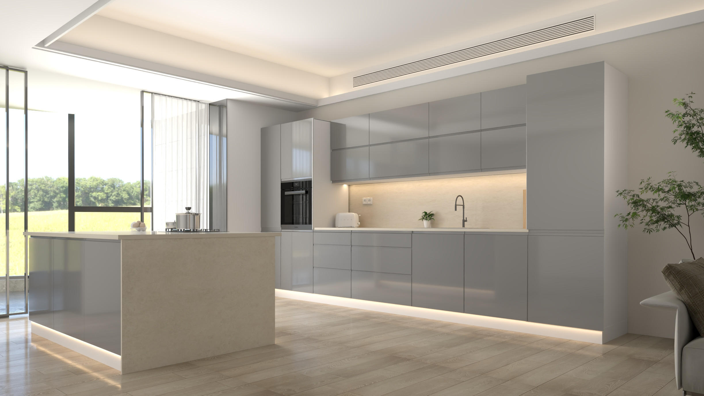 INSELKÜCHE Velmora Grau Hochglanz – 420 cm + Insel 180 cm – KÜ-AS-018 – Grau - Grau, Holzwerkstoff (420/212/58cm) - ROYAL24_MARKT