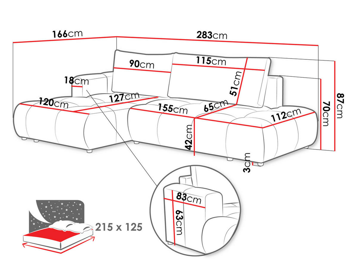 ECKSOFA Soffi, Seite: Links - Schwarz/Naturfarben, Holz/Kunststoff (283/166cm) - MIRJAN24