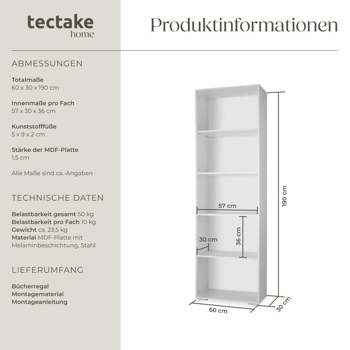 BÜCHERREGAL Lexi,60 x 30 x 190 cm,weiß - Weiß, Holz (30/190/60cm) - tectake