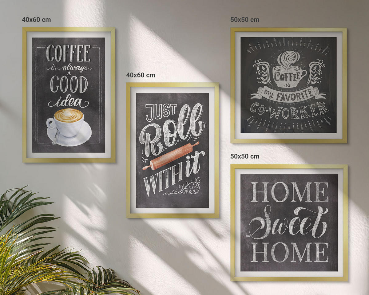 BILDER SET 4er Set - 50x50 cm & 40x60 cm Goldrahmen - Kaffeeroller, heimelige Wärme - Goldfarben, Kunststoff (50/50cm) - TULUP