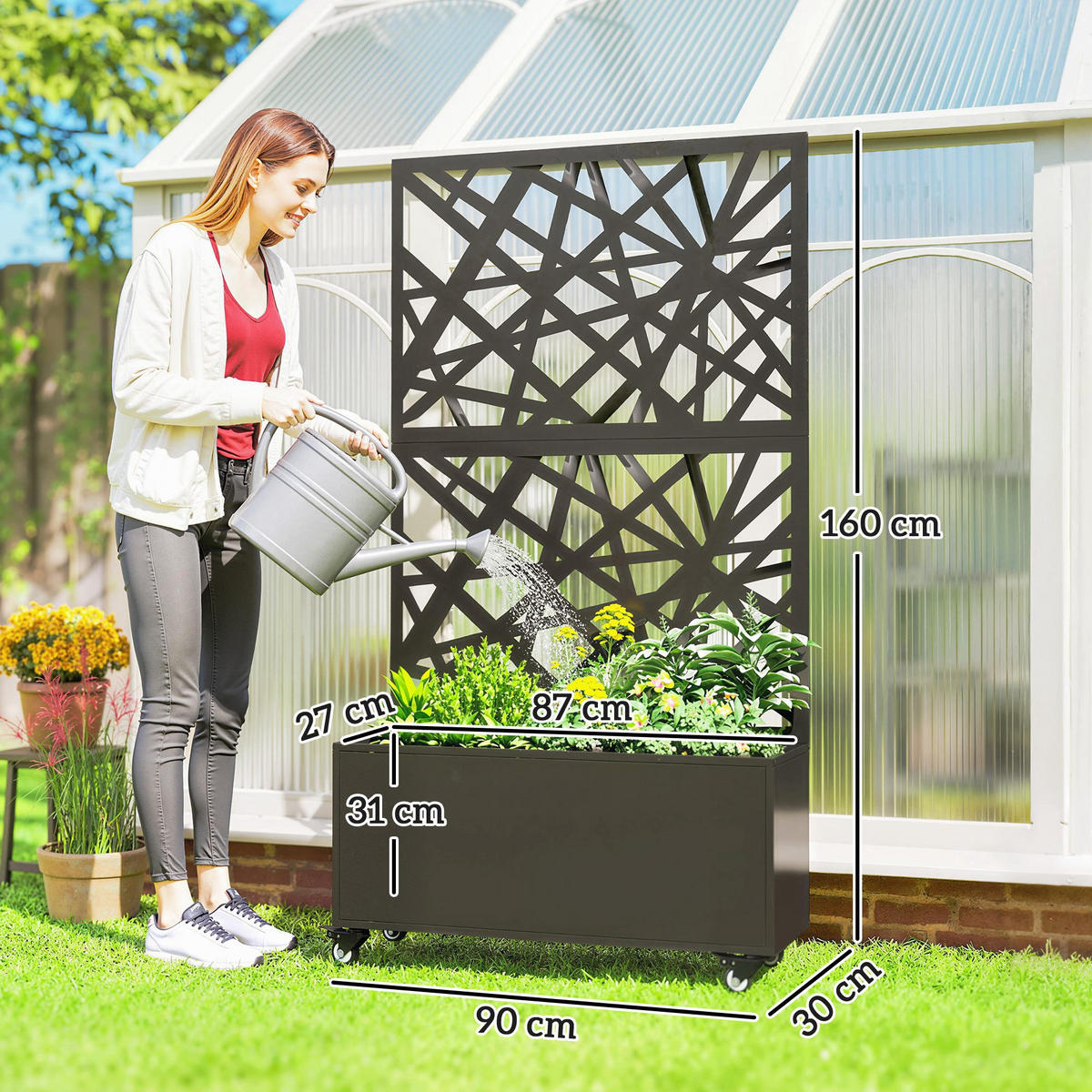 HOCHBEET DE-12295 mit Sichtschutz u. Rollen, 90/30/160 cm Schwarz - Schwarz, Metall (90/160/30cm) - ComfortXL