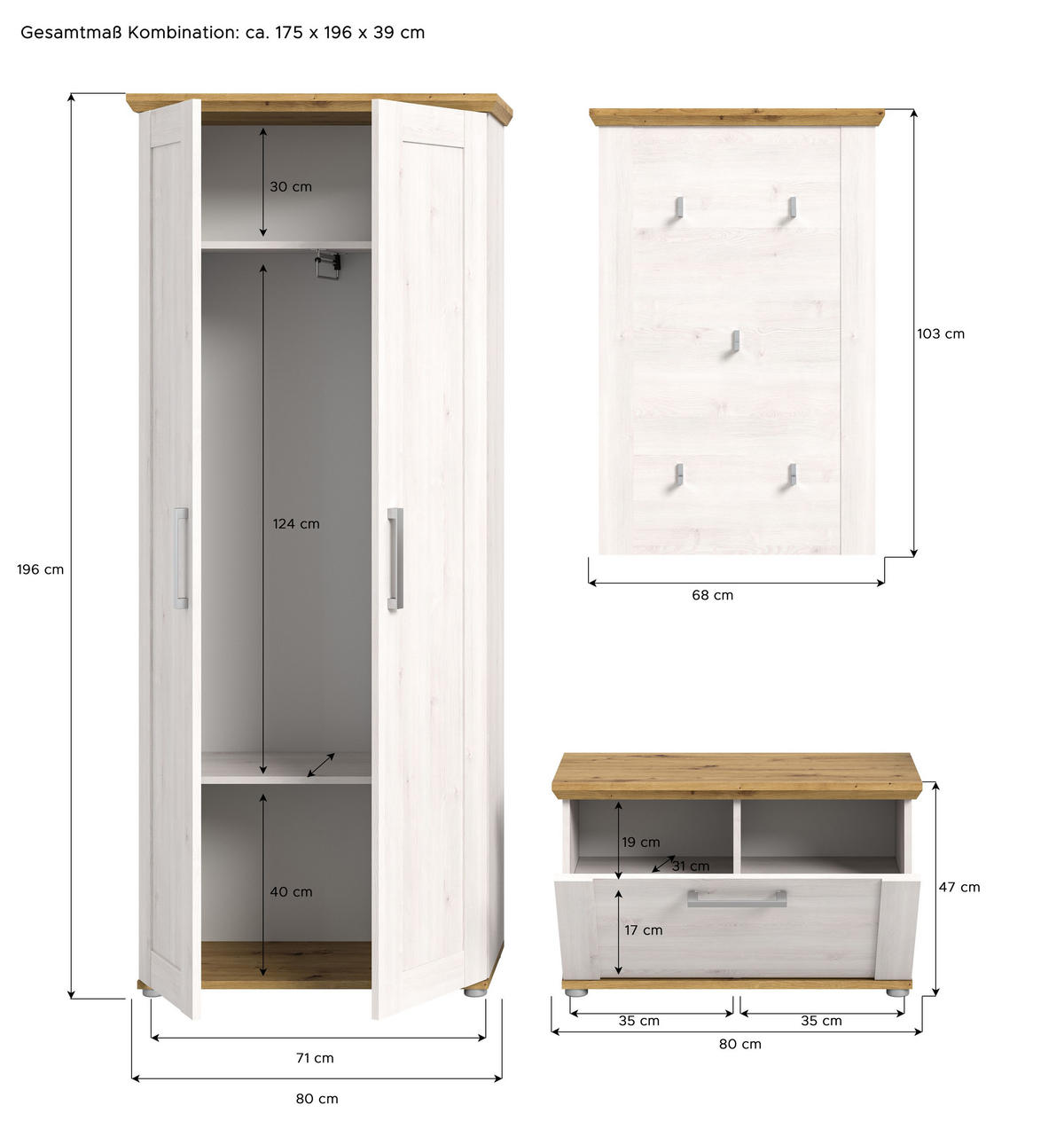 GARDEROBEN Set Verona 175x196x39 cm Sibiu Lärche Weiß 3tlg. - Lärchefarben, Holzwerkstoff (171/194/37cm)