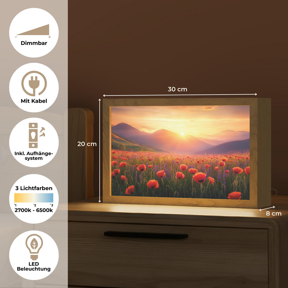 TISCHLEUCHTE Landschaft - Sonnenuntergang - Blumenfeld 30x20 cm - Dunkelblau, Holzwerkstoff (8/30/20cm) - OnlyWow