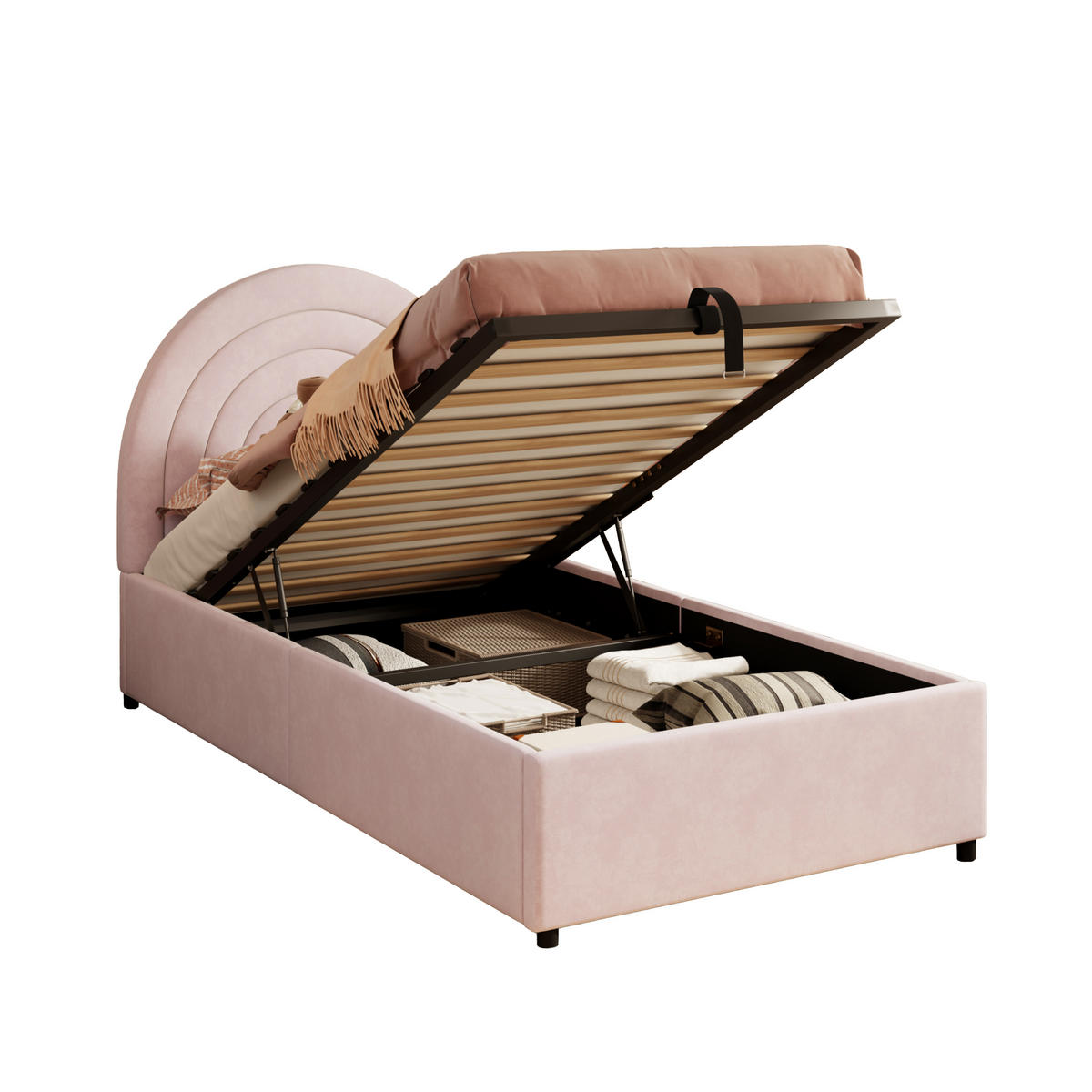 POLSTERBETT 90/200 cm in Rosa Samt mit Stauraum und Lattenrost - Rosa, Holzwerkstoff/Textil (90/200cm) - CHICFURN