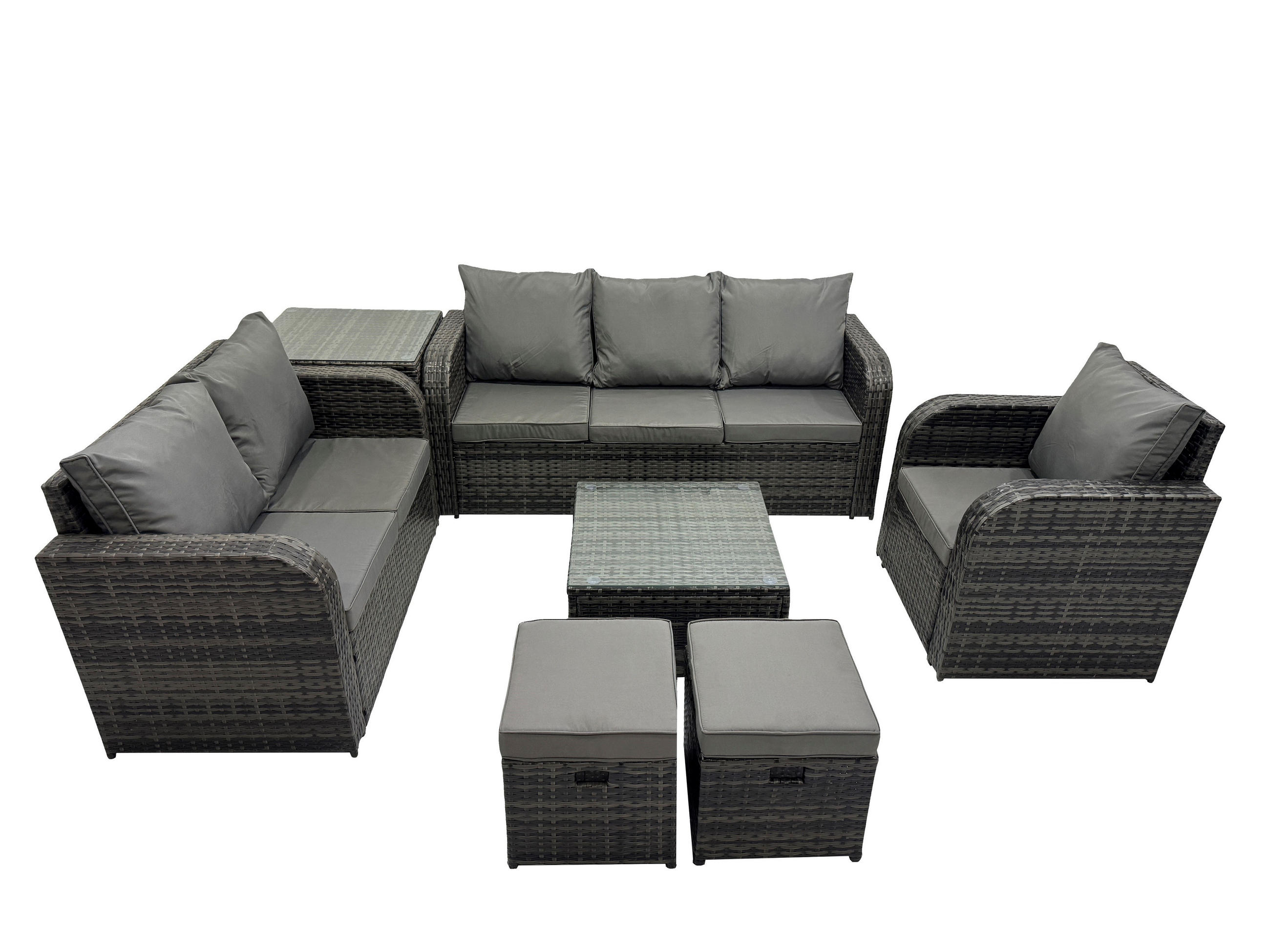 GARTENTISCHGRUPPE Polyrattan Dunkelgrau 7-teilige - Dunkelgrau/Grau, Glas/Kunststoff - Fimous