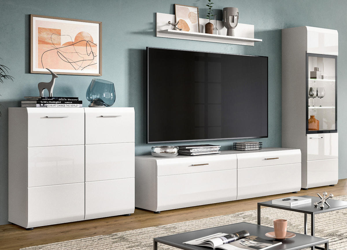 WOHNWAND weiß Hochglanz 4-teilig 315 cm, Schrankwand mit viel Stauraum - Weiß Hochglanz/Silberfarben, Glas/Holzwerkstoff (315/160/41cm) - Inn.Furn