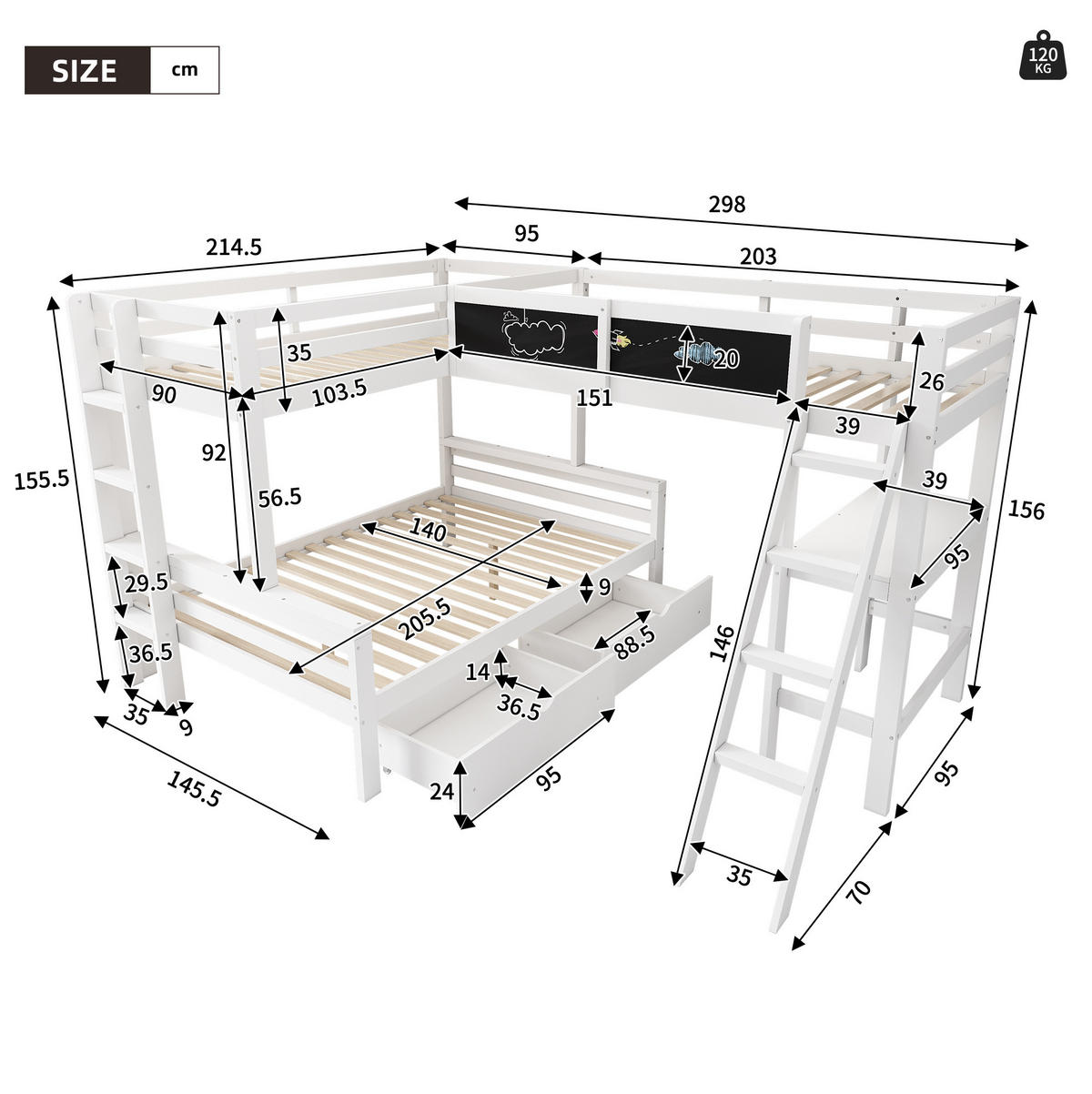 ETAGENBETT 140/200 cm weiß/eichefarben aus Massivholz mit Schreibtisch - Weiß, Holz (140/200cm) - OKWISH