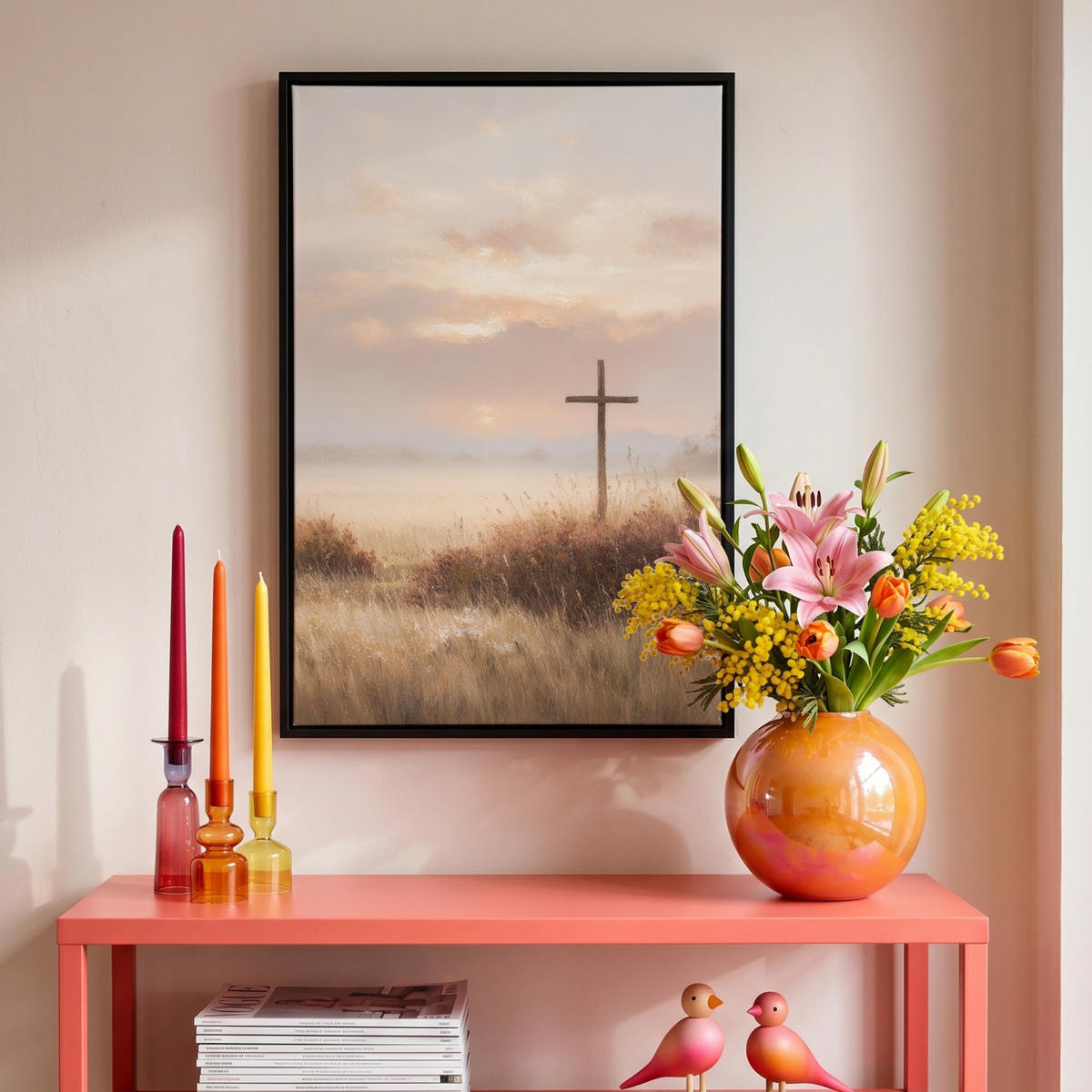 LEINWAND Bilder mit Rahmen - Gras - Morgennebel - Kreuz - Christentum - 40x60 - Beige, Textil (40/60cm) - MuchoWow