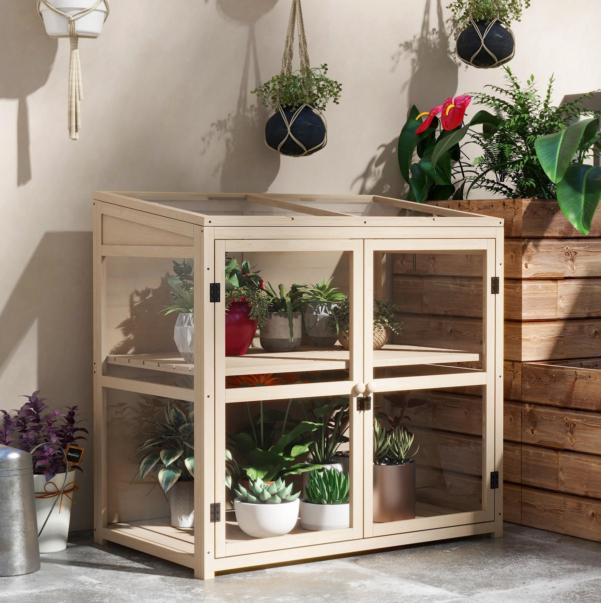 GEWÄCHSHAUS 103/95/61 cm Naturholz aus Holz mit verstellbarem Dach - Naturfarben, Holz (61/103/103cm) - OKMYHOME