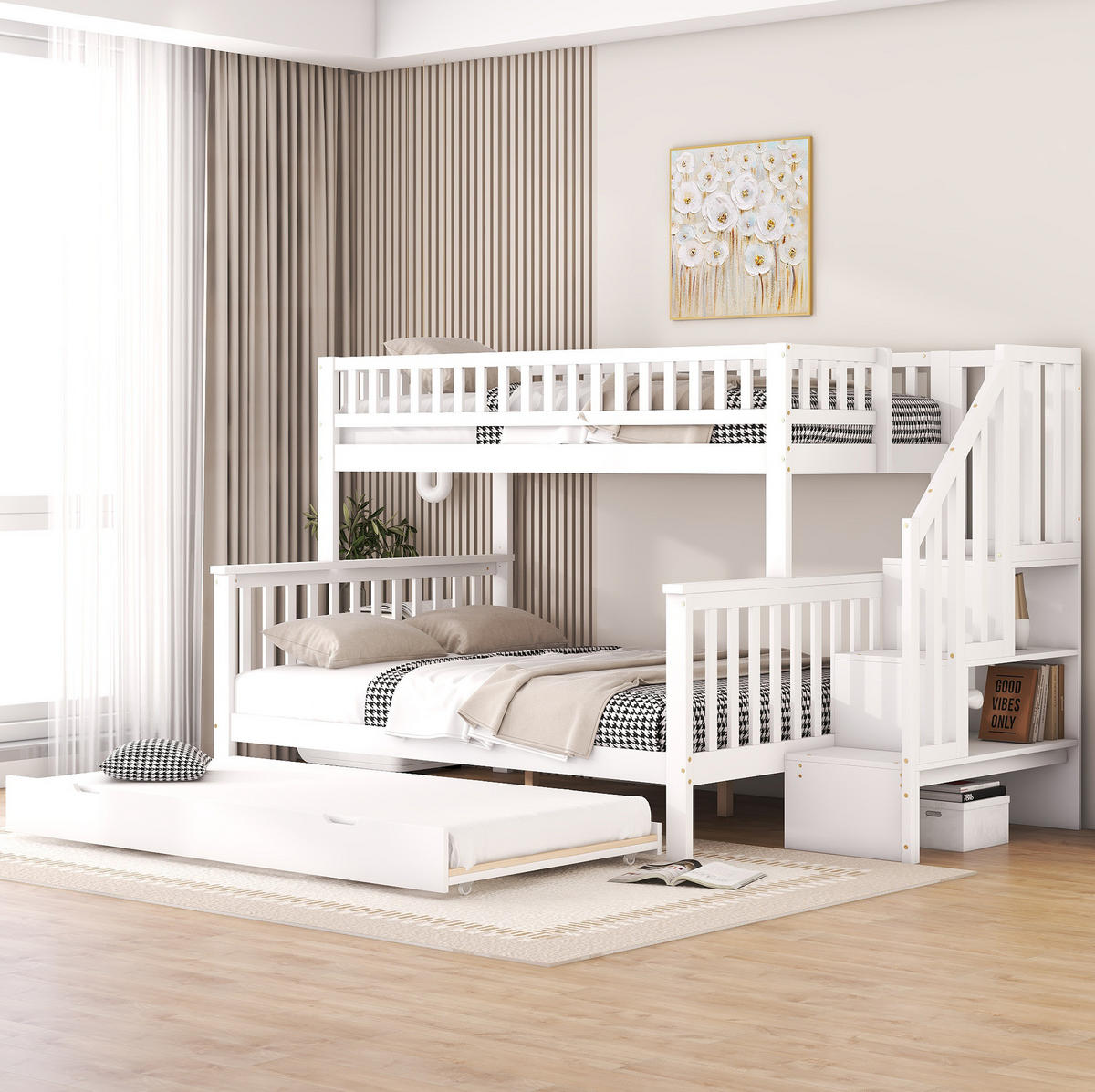 ETAGENBETT 90/200 und 140/200 cm mit Rollbett, Treppe mit Stauraum und Lattenrost, Kiefer, Weiß - Weiß, Holzwerkstoff (90/200cm) - Redom