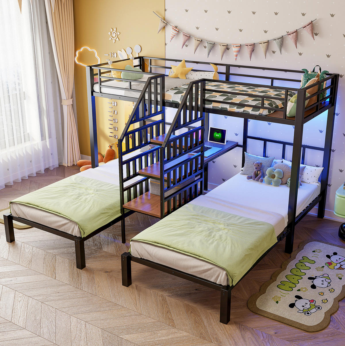ETAGENBETT 90/200 cm mit LED-Beleuchtung, Schreibtisch, Stauraumtreppe, USB und Steckdose, Metall/MDF, Schwarz - Schwarz, Metall (90/200cm) - Redom