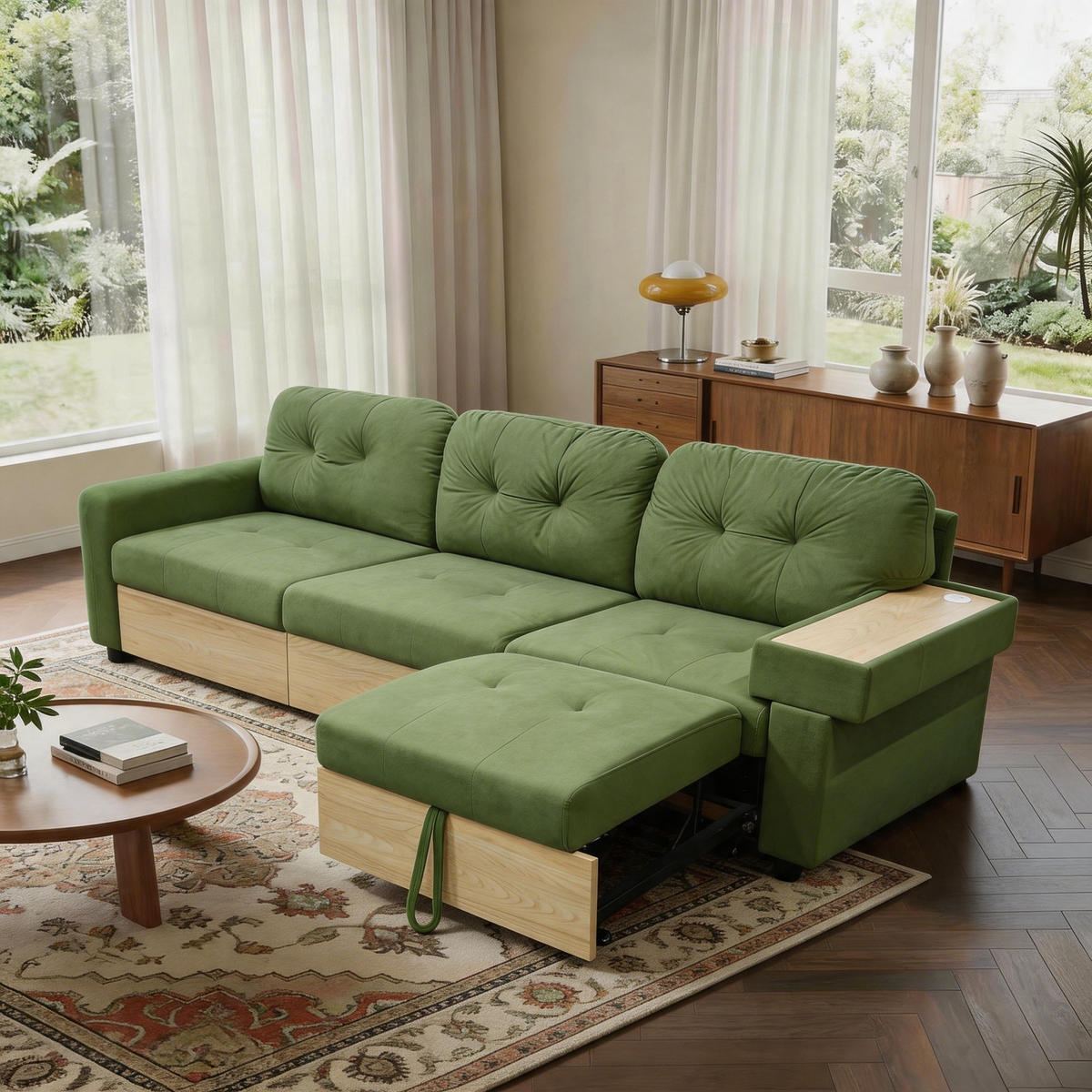 ECKSOFA 228/115/78 cm Grün mit ausziehbarer Ottomane, USB-Anschluss und Stauraum - Grün, Textil (228/80cm) - Oxeza