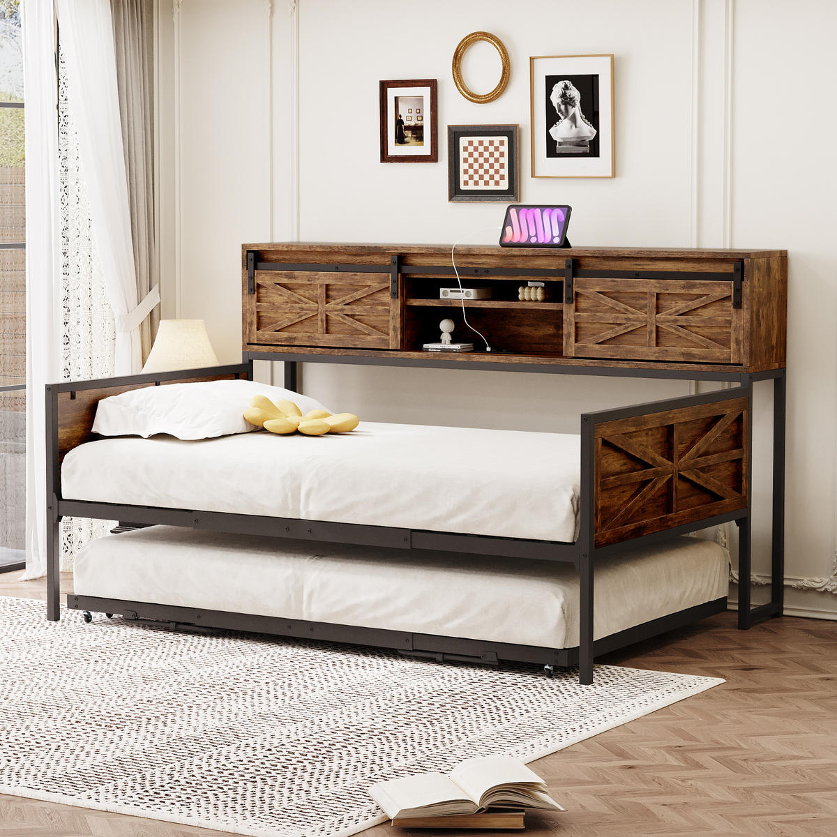 AUSZIEHBETT 90x200cm mit multifunktionalen Steckdosen，Schwarz + Braun - Braun, Holz/Metall (90/200cm) - KOMHTOM