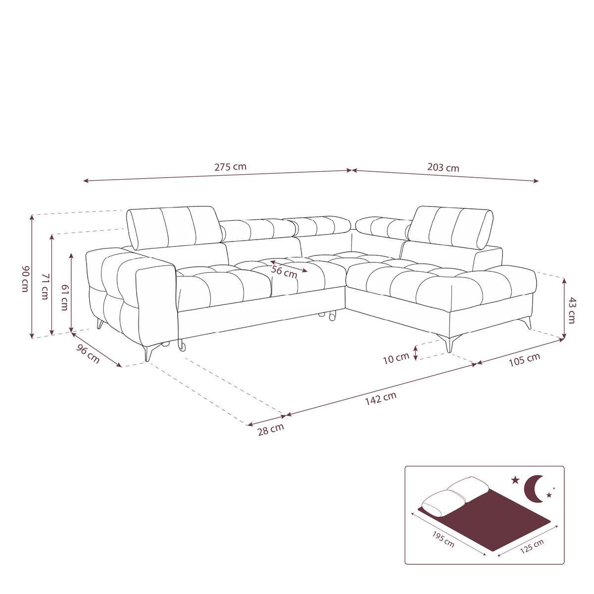 ECKSOFA PUDDING L Rechts mit Schlaffunktion 125x195 Velours Dunkelgrau - Dunkelgrau/Schwarz, Holz/Textil (275/203cm) - Muffo