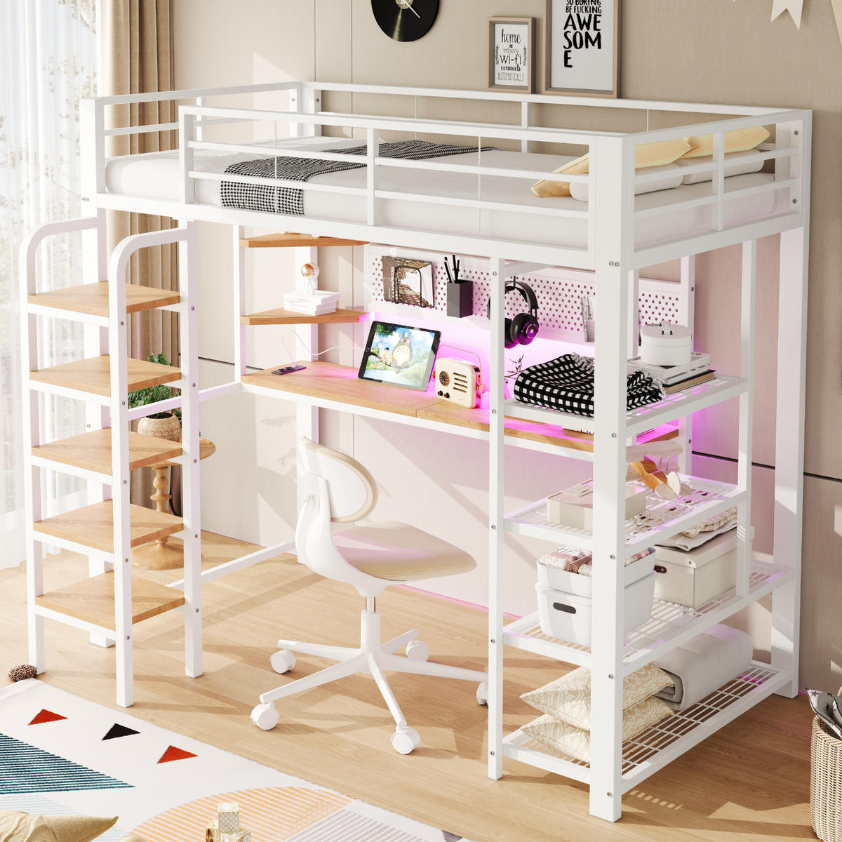 HOCHBETT 90/200 cm in Weiß mit Schreibtisch, Regal, LED und Steckdosen Metallbett mit Leiter - Weiß, Holzwerkstoff/Metall (90/200cm) - STILVORA