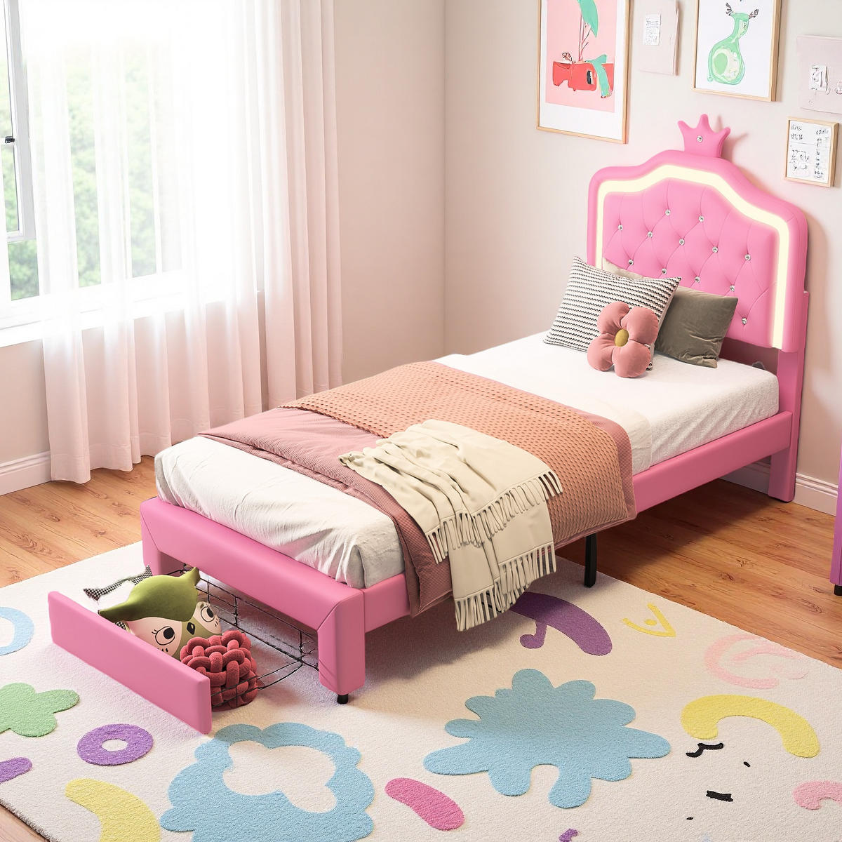 KINDERBETT 90x200 Rosa Krone LED Kinderzimmer - Pink, Holzwerkstoff (90/200cm) - SHOPENTRA