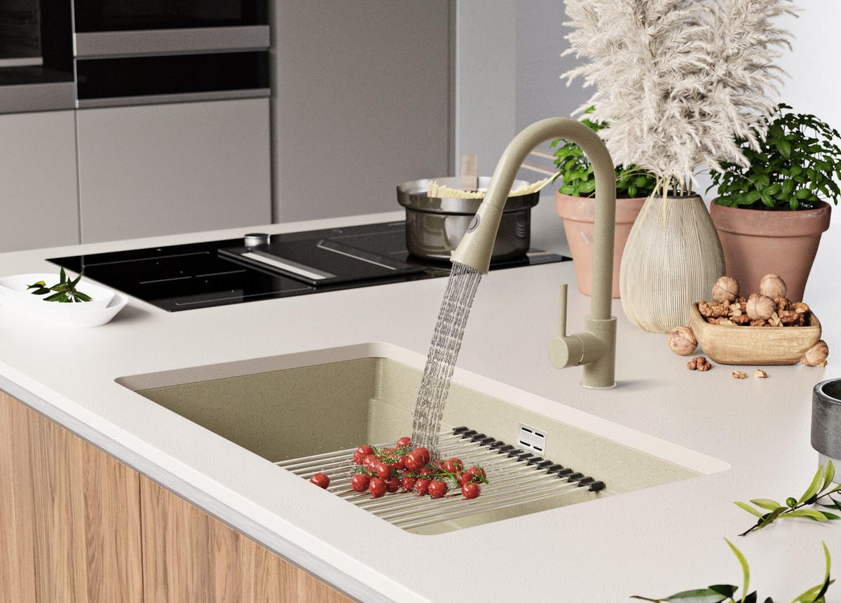 UNTERBAUSPÜLE GRANIT Praga, 2-er set Beige 76/47 cm 1 Becken + Ablauf-Set + Aufrollbare Abtropffläche ab 80er Unterschrank - Chromfarben/Beige, Kunststoff (76/20/47cm) - Primagran