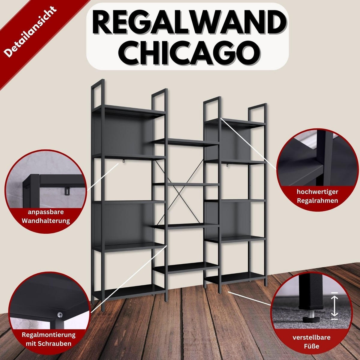 REGALWAND CHICAGO Metall Schwarz 158/24/166 cm - Schwarz, Metall (24/166/158cm) - Coemo