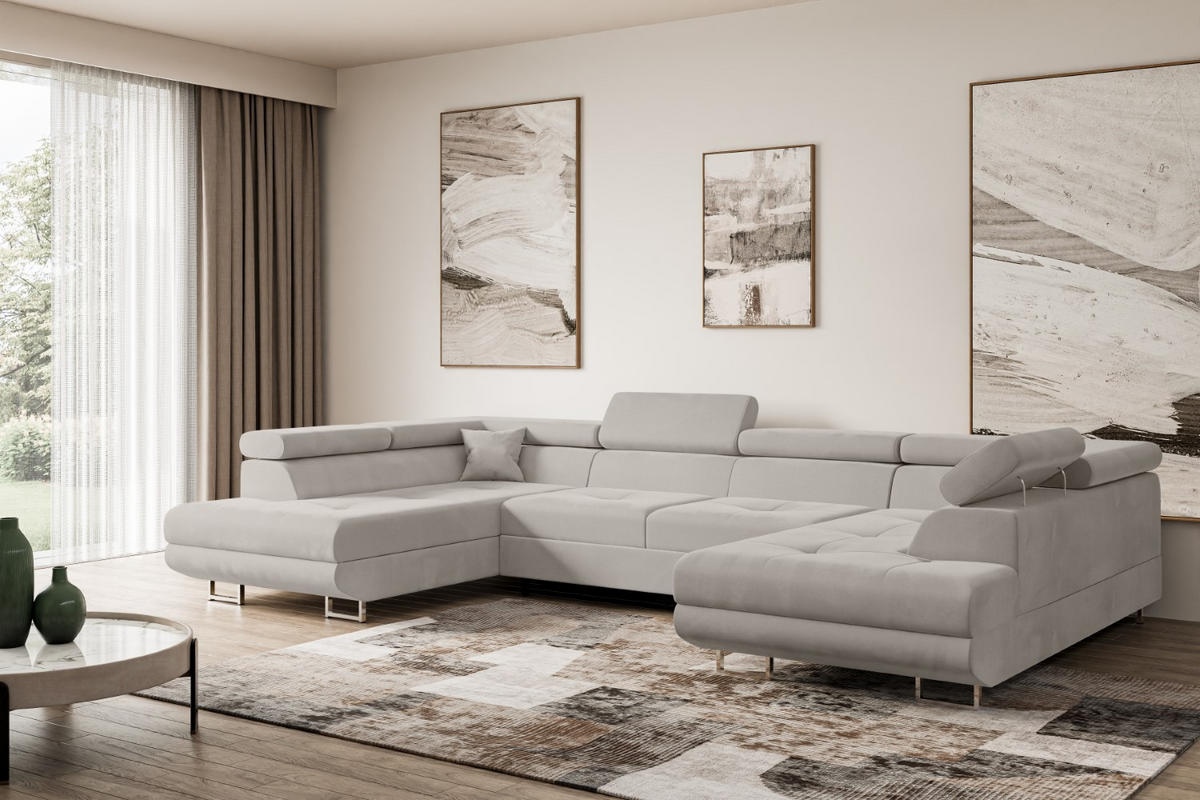 WOHNLANDSCHAFT mit Schlaffunktion und Bettkasten GUSA-U 342x202x107 cm Hellbraun Velours - Hellbraun/Silberfarben, Holzwerkstoff/Textil (342/107/202cm) - ALTDECOR