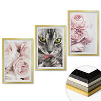 WANDBILDER 3er Set - 40x60 cm Goldrahmen - Katze in rosa Blumen - Goldfarben, Kunststoff (40/60cm) - ArtPrintCave