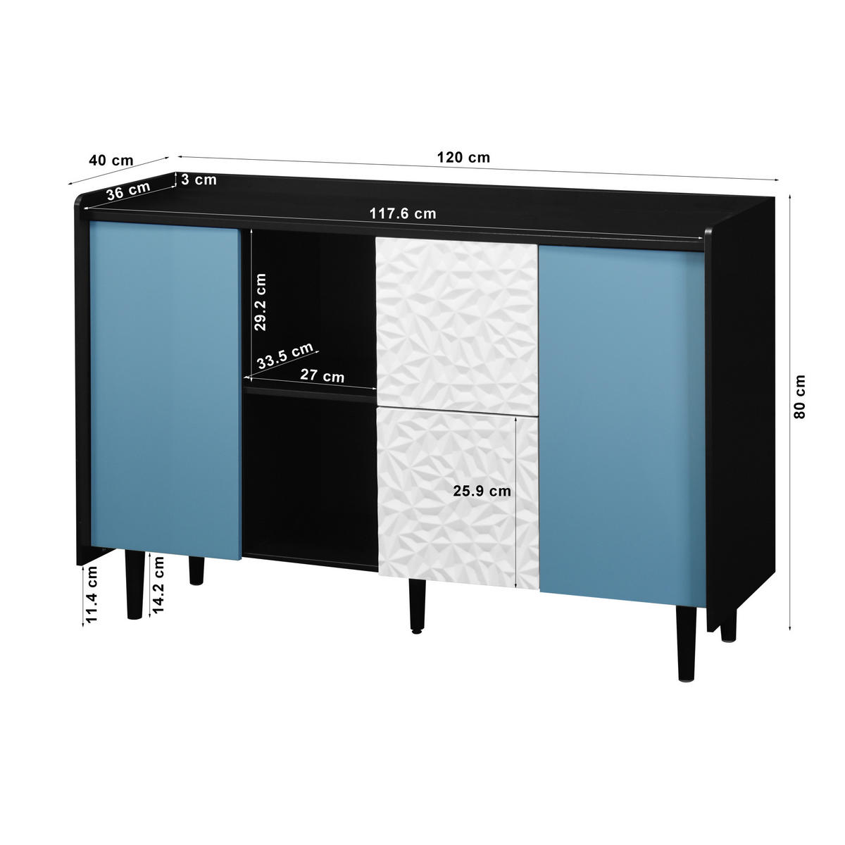 BOČNÍ skříň 40/120/80 cm černá a modrá z MDF s otevřeným úložným prostorem a zásuvkami - černá, kompozitní dřevo (120/80/40cm) - OKWISH