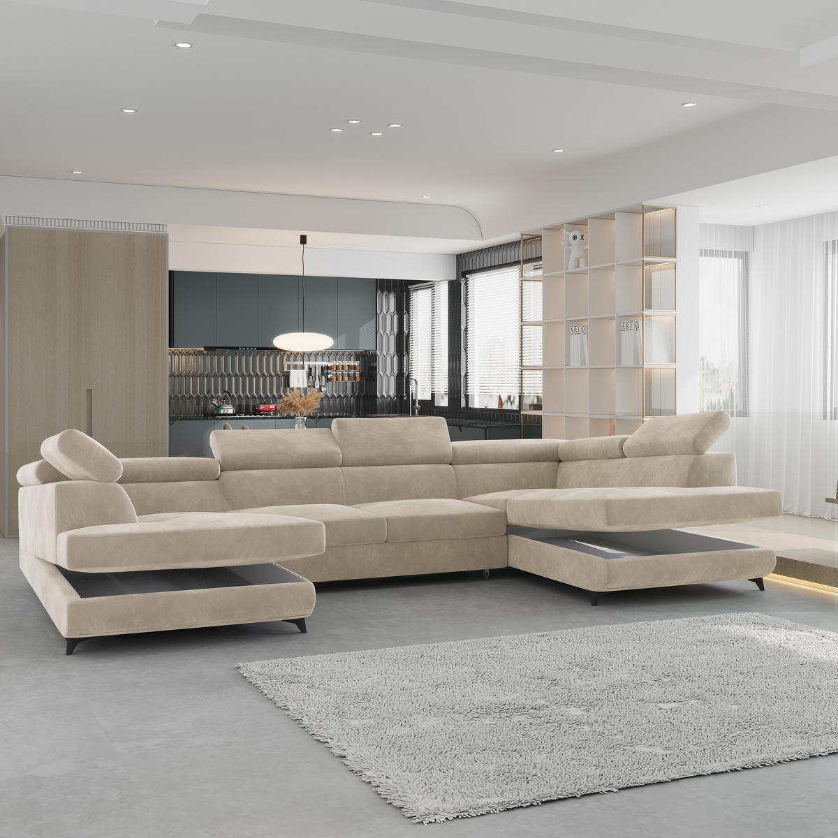 WOHNLANDSCHAFT VINTESSA Creme Velours-Stoff mit Schlaffunktion - Creme, Holz (323/89/190cm) - MASSENO