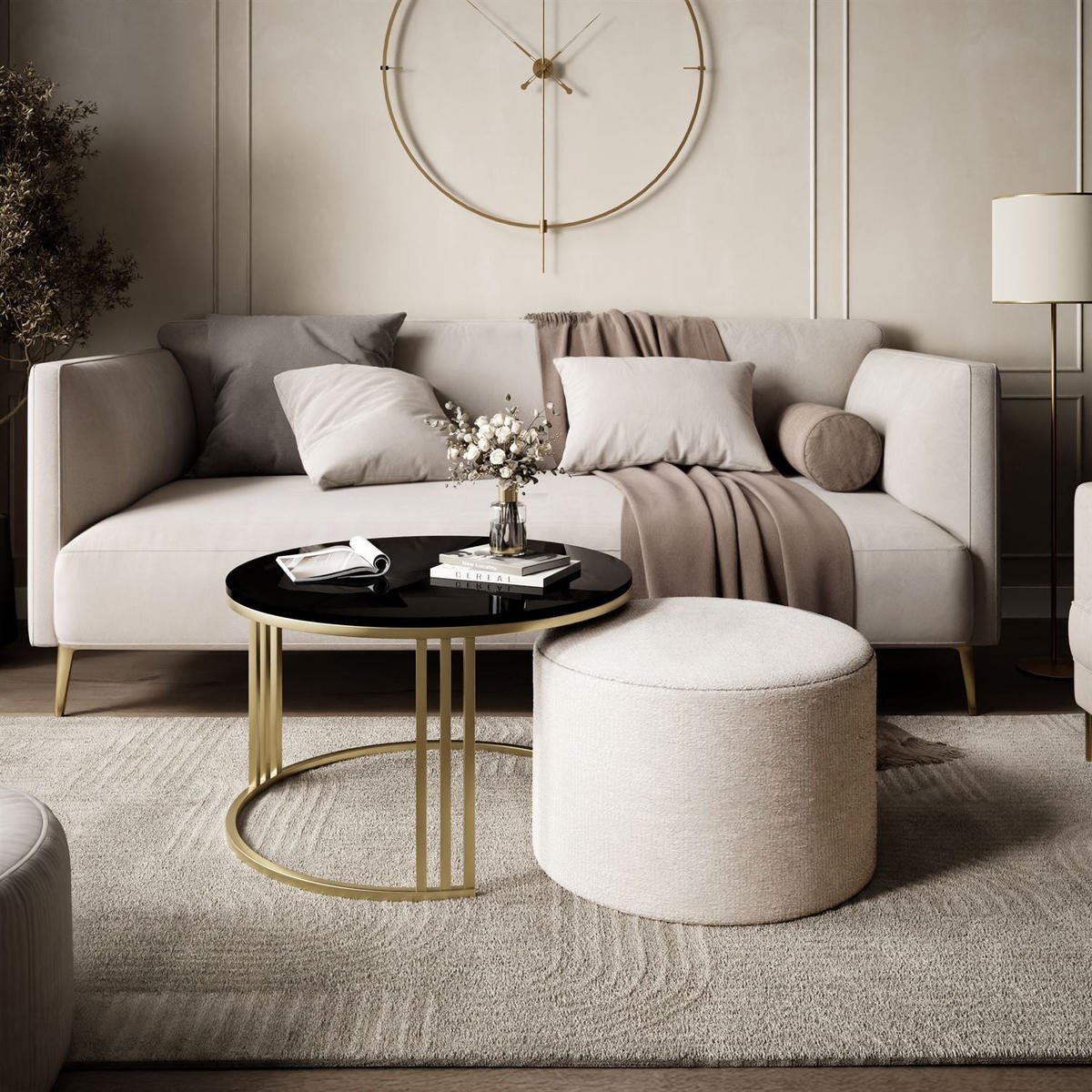 COUCHTISCH mit Hocker LORI Hochglanz gebürstetes Gold/Schwarz glänzend/Perfect Harmony 01 - Schwarz, Metall (70/70/49cm) - Lookway