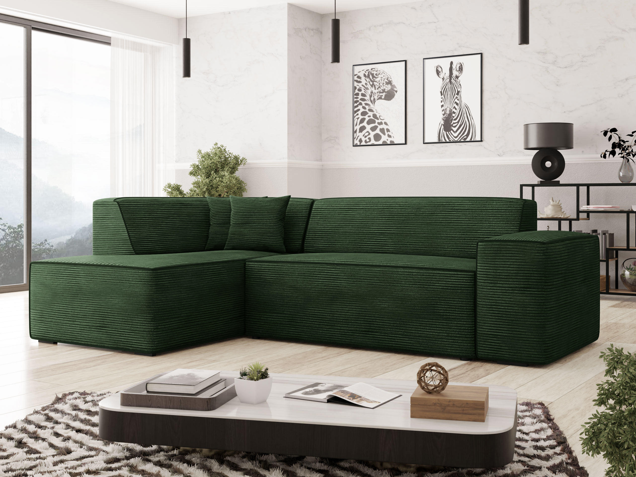 ECKSOFA Lordin Cord, Seite: Links - Schwarz/Grün, Holz/Textil (267/205cm) - MIRJAN24