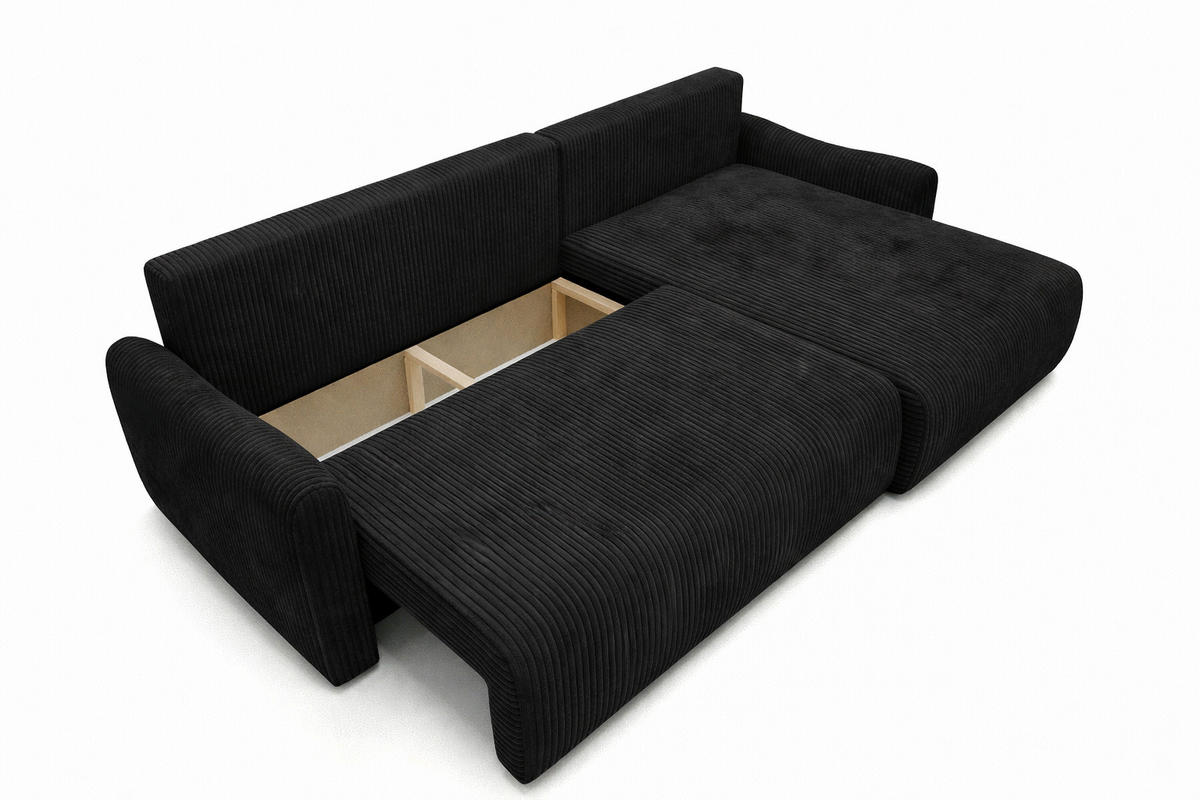ECKSOFA Mit Schlaffunktion, Cordstoff Poso, Schwarz, Rechts, JAPANDI - Schwarz, Holz (262/145cm) - Kaiser Möbel