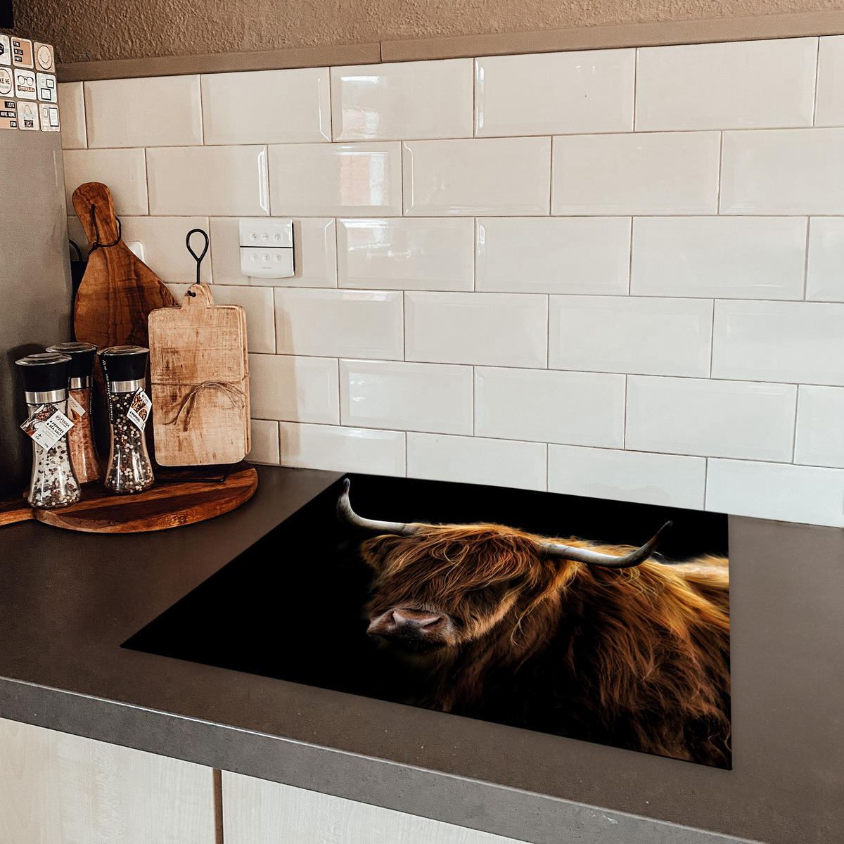 HERDABDECKPLATTE Schottischer Highlander - Hörner - Schwarz - Tiere - Natur - Wild - Kuh 59x51 cm - Cognac, Kunststoff (59/51/0.2cm) - MuchoWow