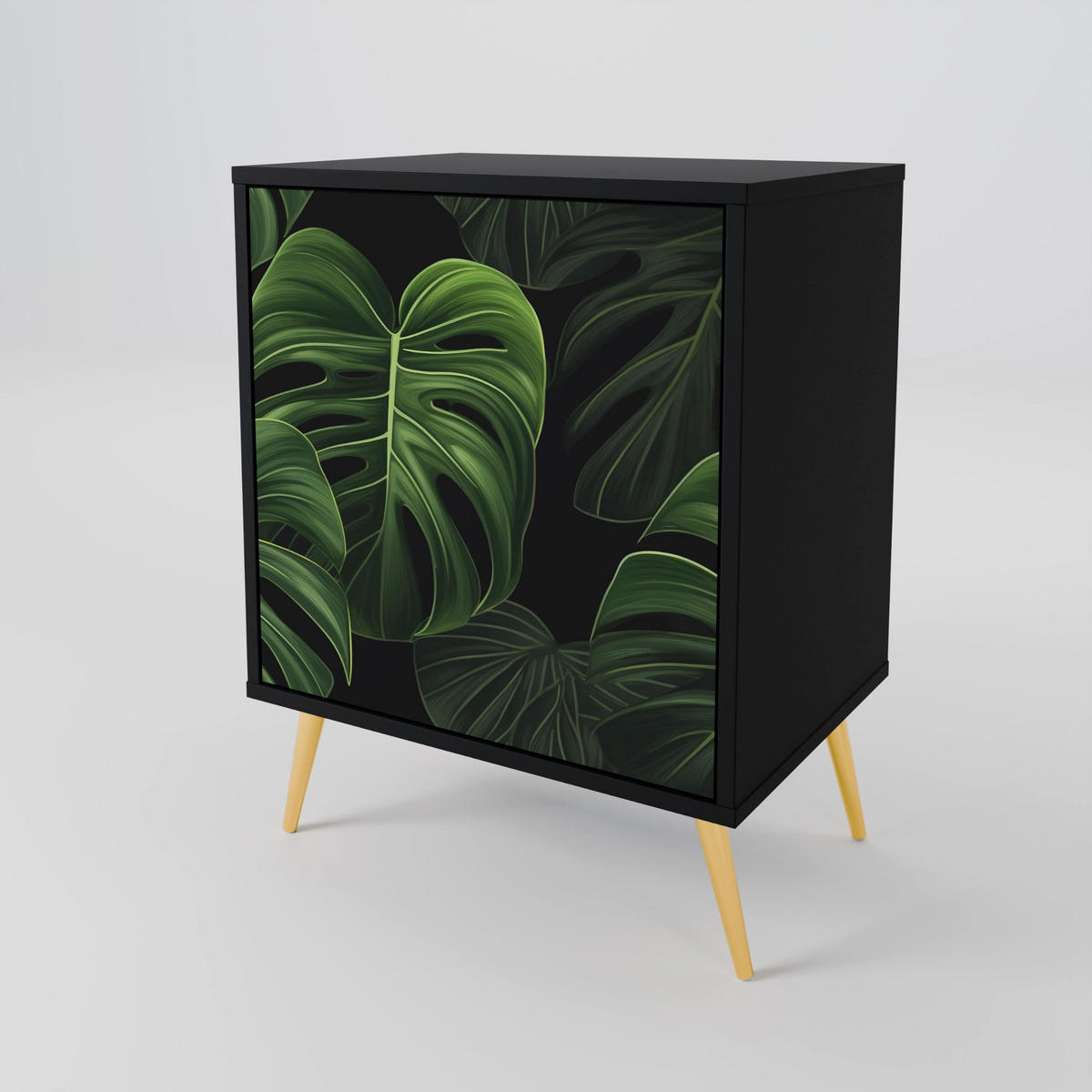 SIDEBOARD INFINITE MONSTERA, Schwarz, 57,5x42x72,5 cm, Schwarze Metallfüße - Multicolor/Schwarz, Holzwerkstoff/Metall (57.5/72.5/42cm) - SpaceRebels