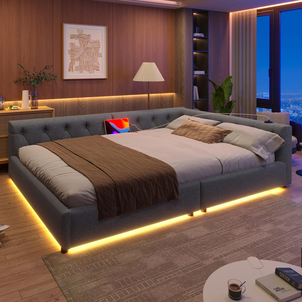 SCHLAFSOFA 140x200cm Grau Leinen LED-Licht Kopfteil USB-C - Grau, Holz (140/200cm) - FLIEKS