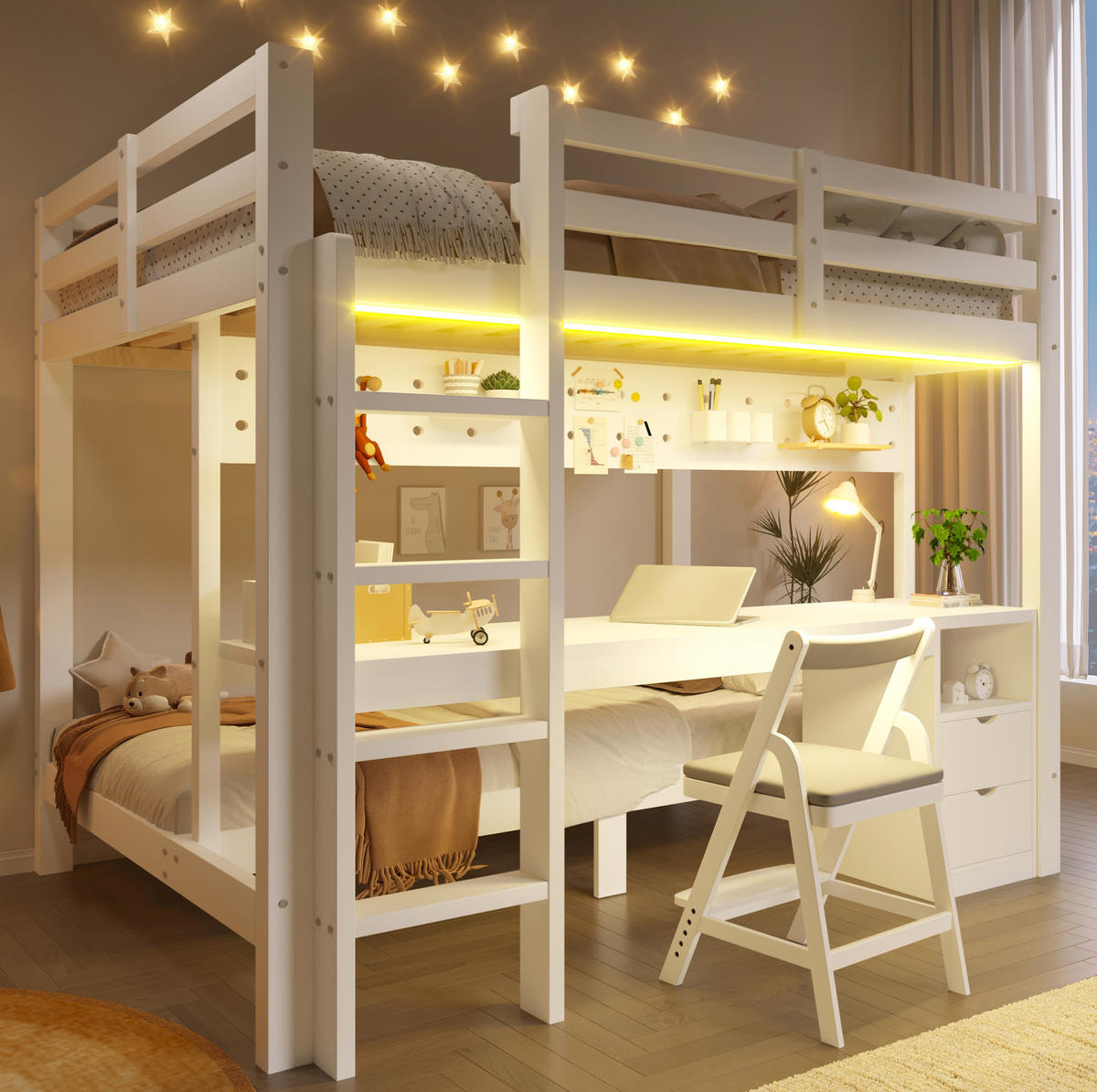 HOCHBETT 90/200 cm und 140/200 cm Weiß mit Schreibtisch, Schubladen und LED - Weiß, Holz (140/200cm) - MIVRAY