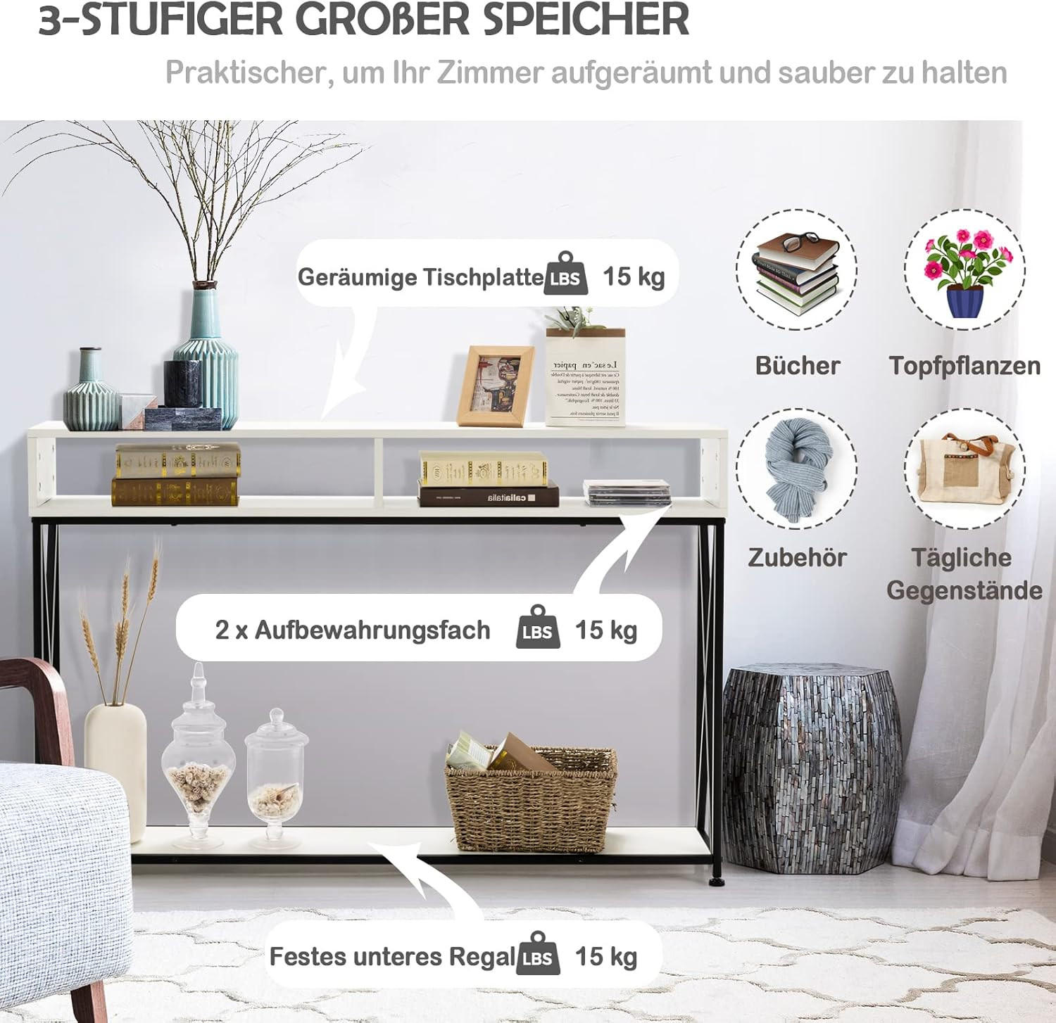 Thumbnail - Costway Konsolentisch, Weiß, Holz, 23x79x120 cm, Wohnzimmer, Wohnzimmertische, Konsolentische