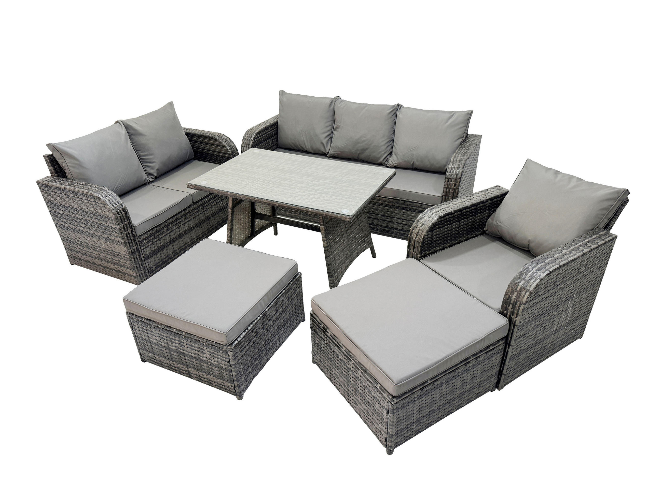 GARTENMÖBELSET mit ESSTISCH,SOFA Polyrattan 8-Sitzer - Dunkelgrau/Grau, Glas/Kunststoff - Fimous
