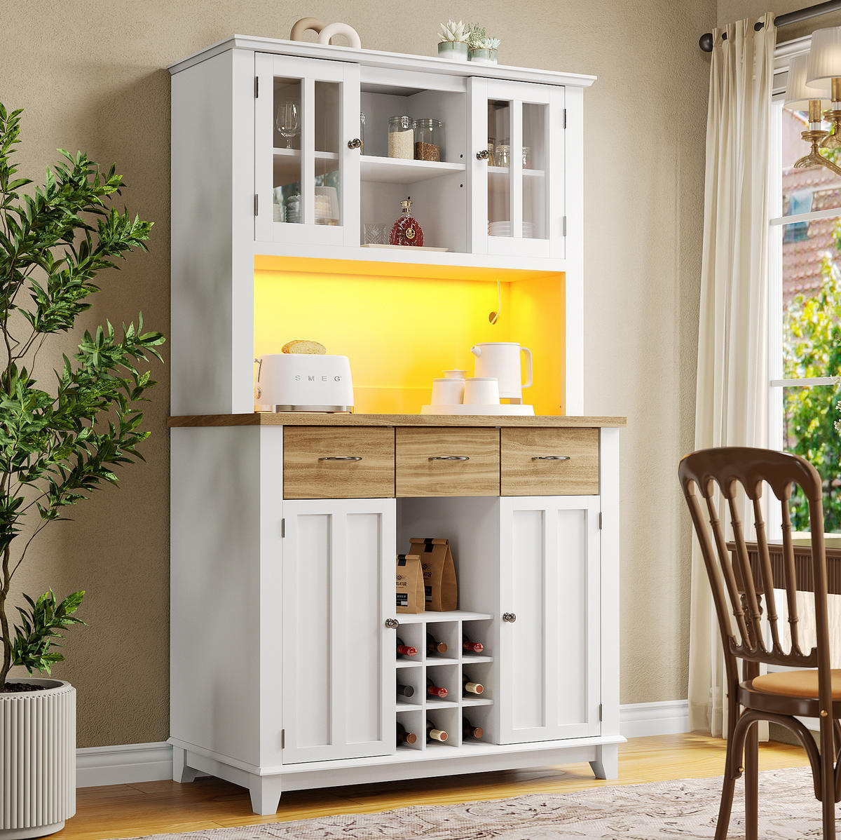BUFFET 106/40/179,5 cm aus MDF mit LED-Beleuchtung Weiß/Natur - Weiß, Holzwerkstoff (106/179.5/40cm) - Modenvie