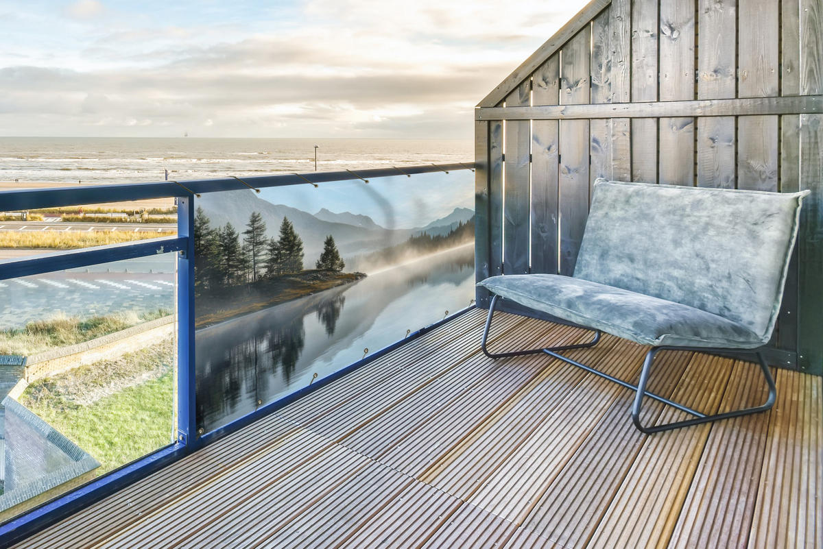 BALKON-SICHTSCHUTZ See - Nebel - Berge - Landschaft - Hellblau, Kunststoff (200/90cm) - MuchoWow