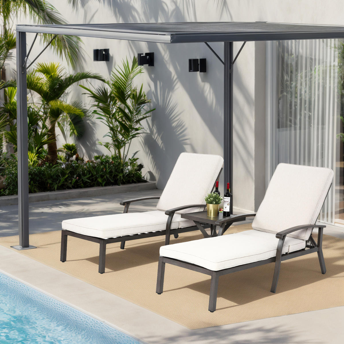 GARTENLIEGE aus Aluminium 204x58x100/30 cm Beige mit 5-fach verstellbarer Rückenlehne und Baumwollkissen - Beige, Metall (58/100/204cm) - Modfu