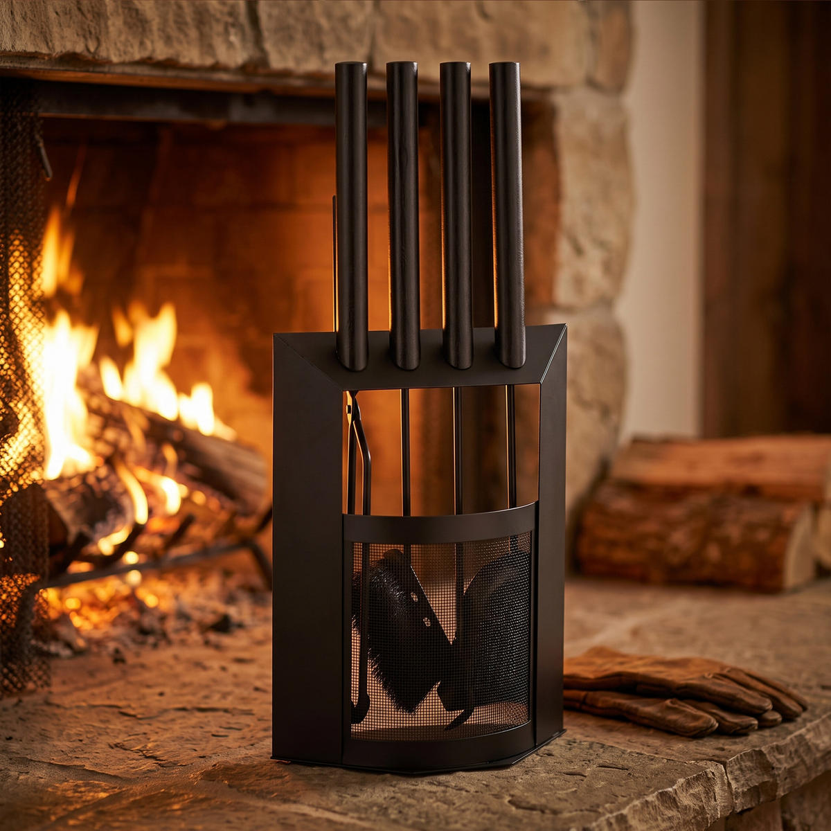 UNELTE Negru șemineu 5-piese cu suport - negru, metal/lemn (28.5/61/16cm) - Relaxdays