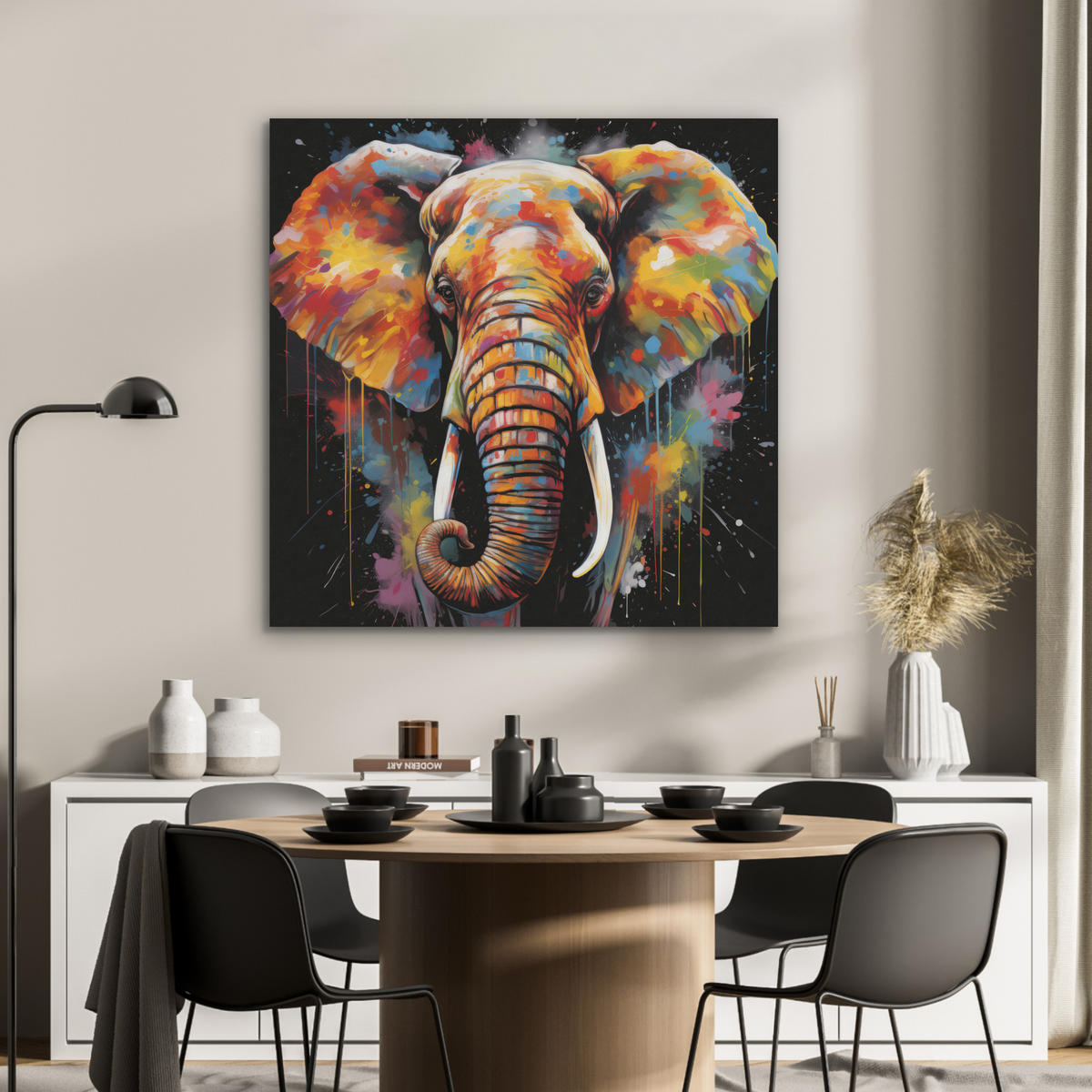 AKUSTIKPANEEL Elefant - Graffiti - Schwarz - Tiere - Farben 90x90 cm - Schwarz, Textil (90/0.9/90cm) - MuchoWow