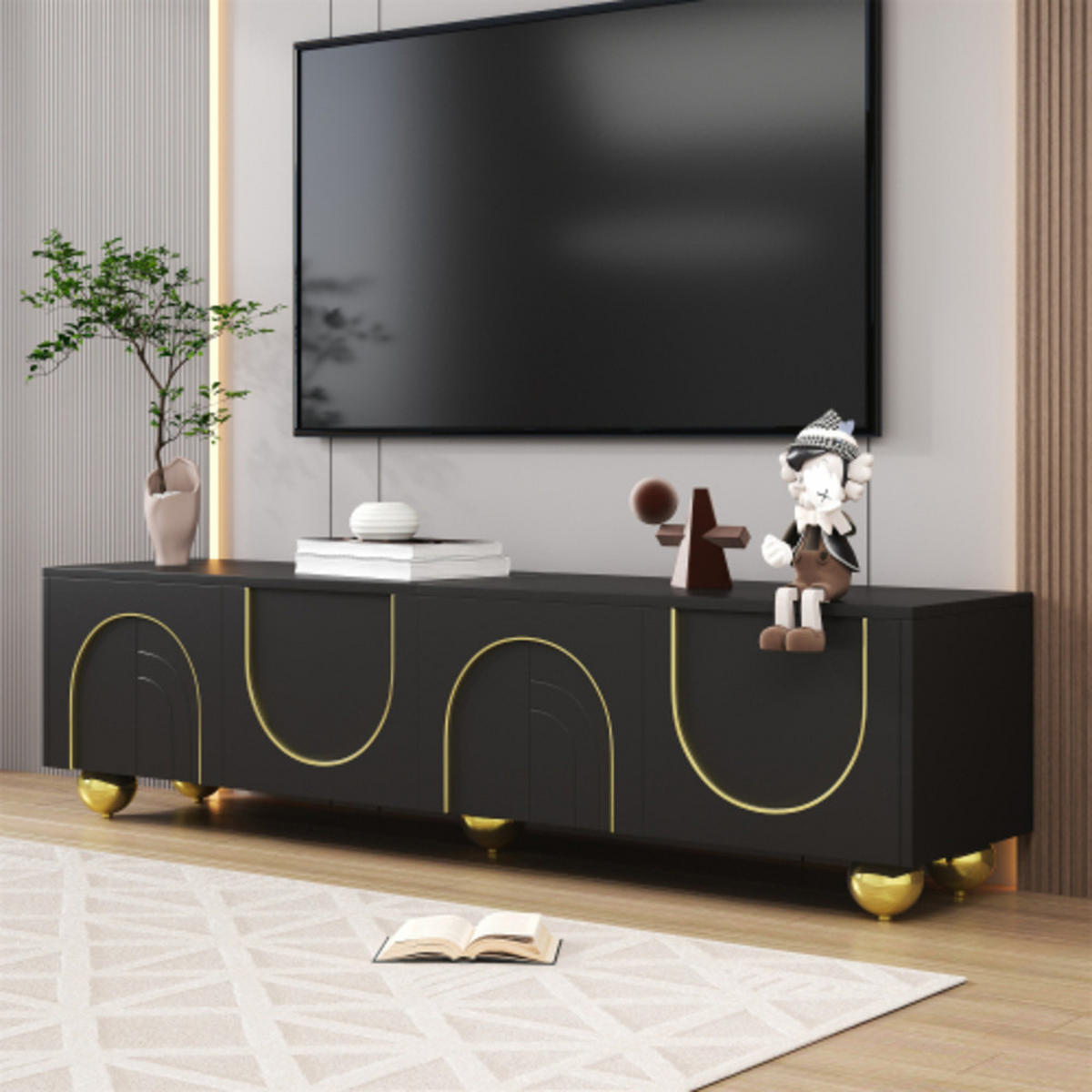 LOWBOARD Schwarz-gold aus Spanplatte mit handbemalten Goldverzierungen & Push-Open-Türen 170×38×44 cm - Schwarz, Holzwerkstoff (170/44/38cm) - Luhomfu