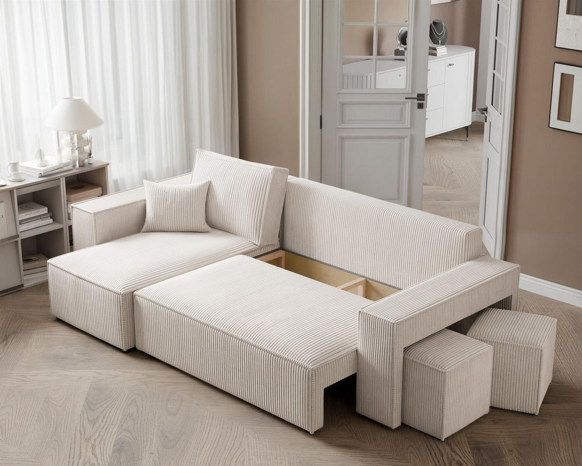 ECKSOFA Adara Inkl. Hocker - Weiß, Holzwerkstoff/Textil (262/145cm) - Fun Möbel