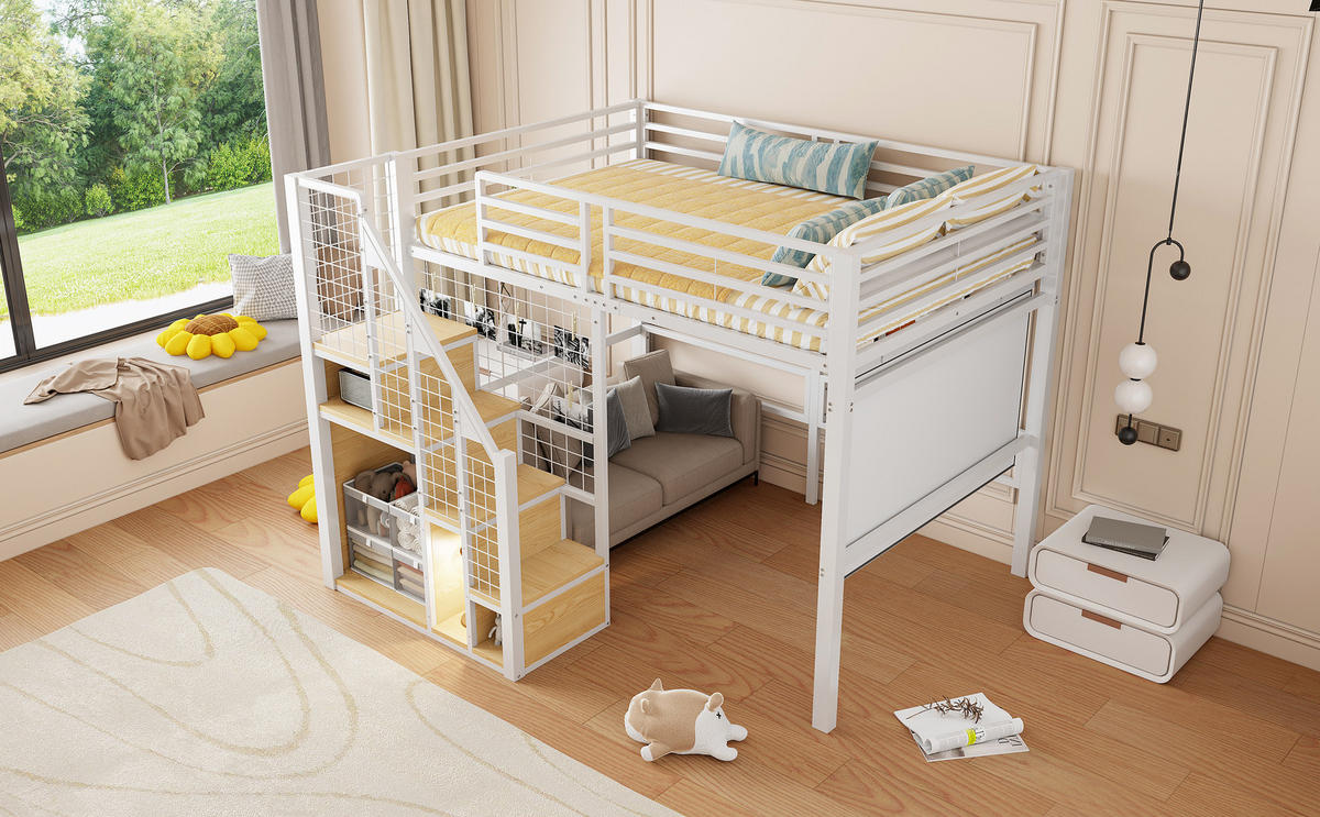 HOCHBETT 140x200 cm Metall Leiter Ablage weiß - Weiß, Metall (140/200cm) - LEBENLANG