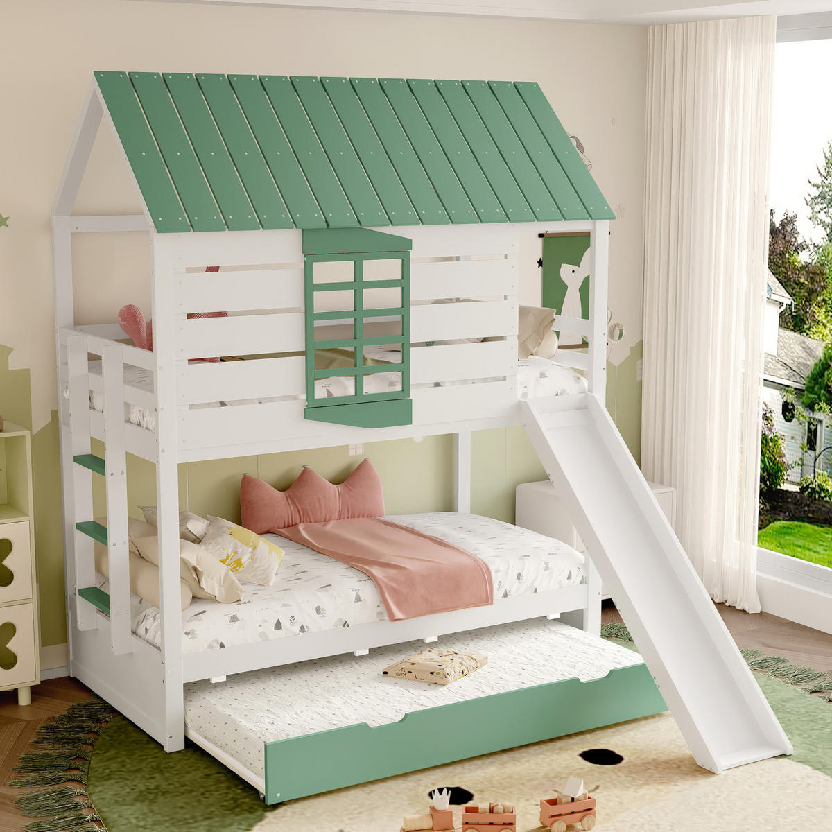 HAUSBETT 90/200 cm mit Rutsche und Ausziehbett in Weiß/Grün - Weiß, Holzwerkstoff (90/200cm) - BEAOK