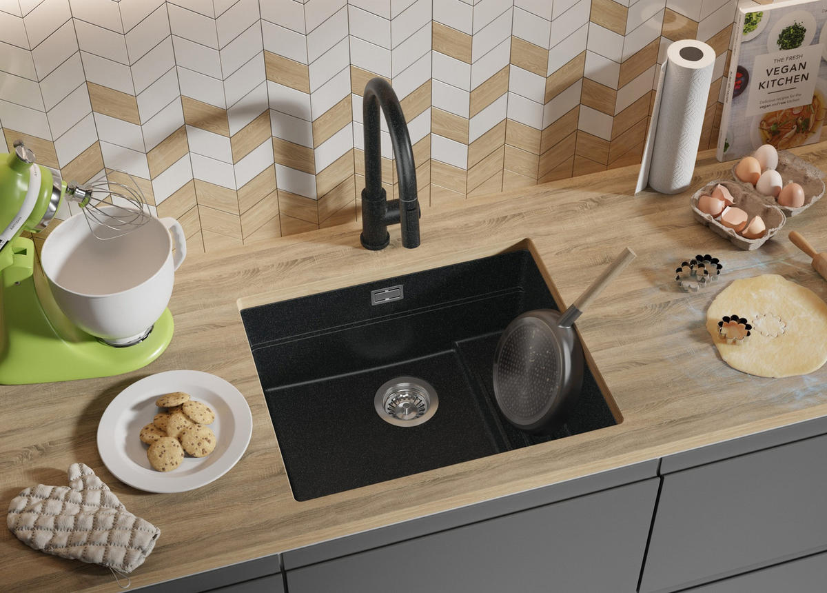 UNTERBAUSPÜLE GRANIT Praga, 2-er set Anthrazit 56/47 cm 1 Becken + Ablauf-Set + Aufrollbare Abtropffläche ab 60er Unterschrank - Chromfarben/Anthrazit, Kunststoff (56/20/47cm) - Primagran